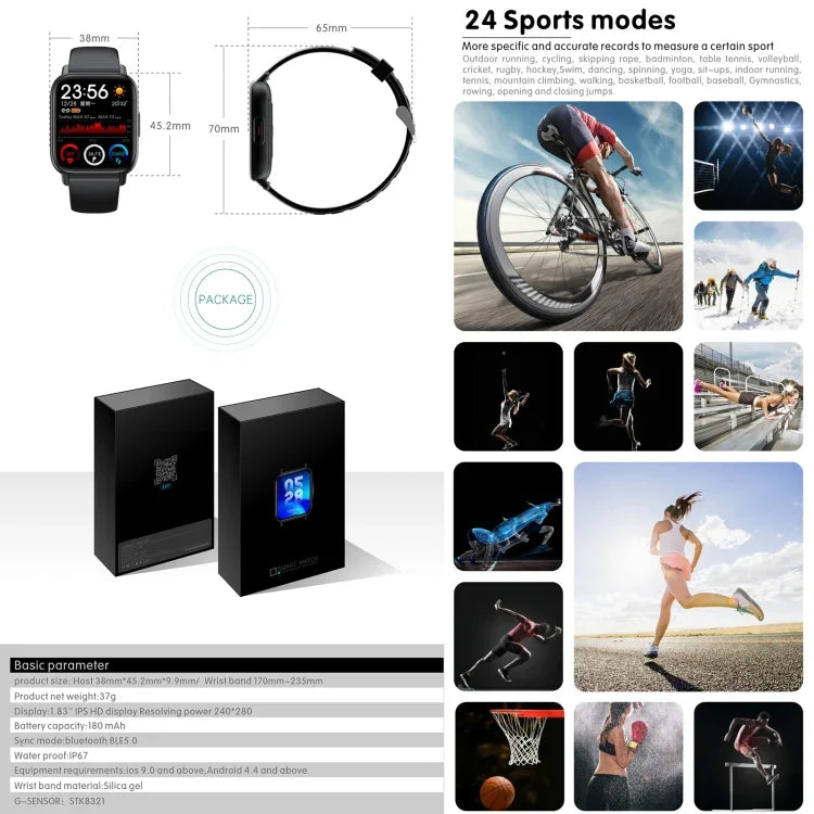 QS16 Pro 1.83インチ BT5.0 スマートスポーツウォッチ、Bluetooth通話 / 睡眠 / 血中酸素 / 体温 / 心拍数 / 血圧健康モニター対応
