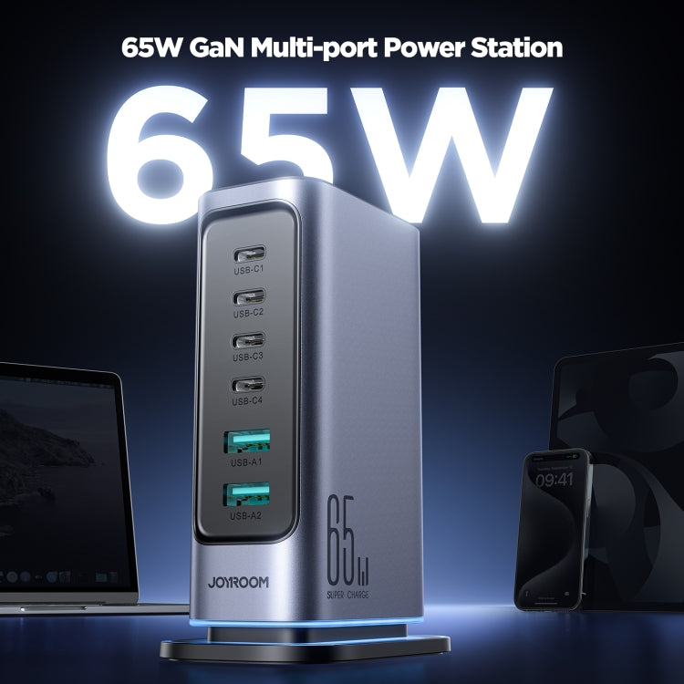 JOYROOM JR-TCM02 6-in-1 65W GaN 4 USB-C & 2 USB-A マルチポート充電器、EUプラグ、UKプラグ