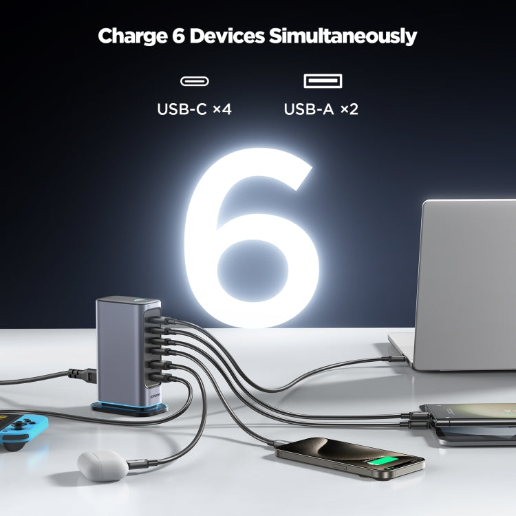 JOYROOM JR-TCM02 6-in-1 65W GaN 4 USB-C & 2 USB-A マルチポート充電器、EUプラグ、UKプラグ
