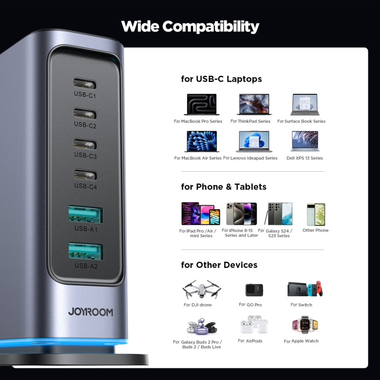 JOYROOM JR-TCM02 6-in-1 65W GaN 4 USB-C & 2 USB-A マルチポート充電器、EUプラグ、UKプラグ