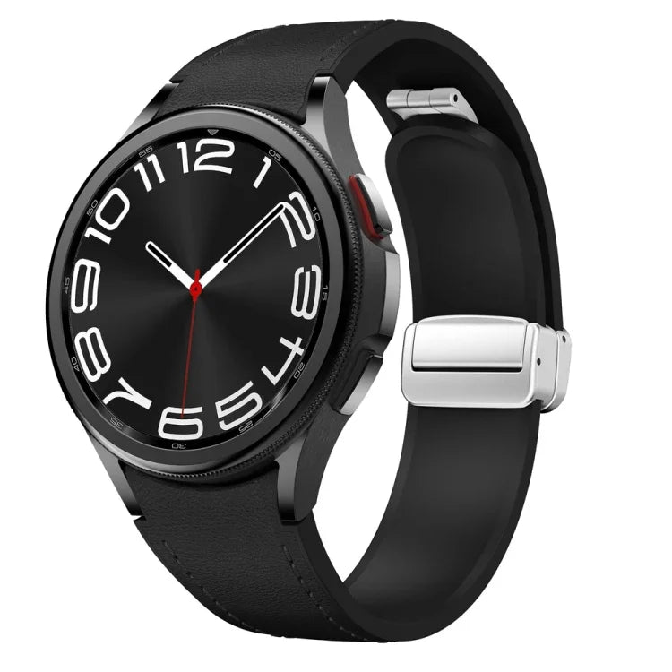 マグネット式シルバーバックルレザーシリコンウォッチバンド、Samsung Galaxy Watch 6用
