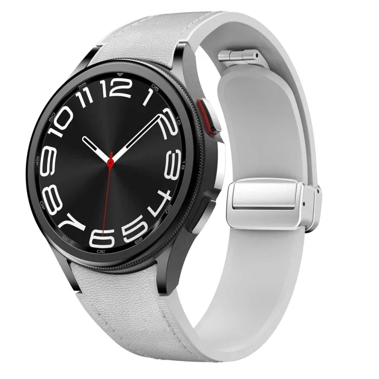 マグネット式シルバーバックルレザーシリコンウォッチバンド、Samsung Galaxy Watch 6用