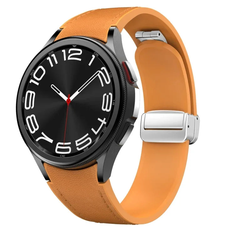 マグネット式シルバーバックルレザーシリコンウォッチバンド、Samsung Galaxy Watch 6用