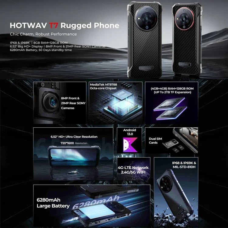 HOTWAV T7 頑丈スマホ、6280mAh、6.52インチ Android 13 MT8788 オクタコア、ネットワーク：4G、OTG、4GB+128GB