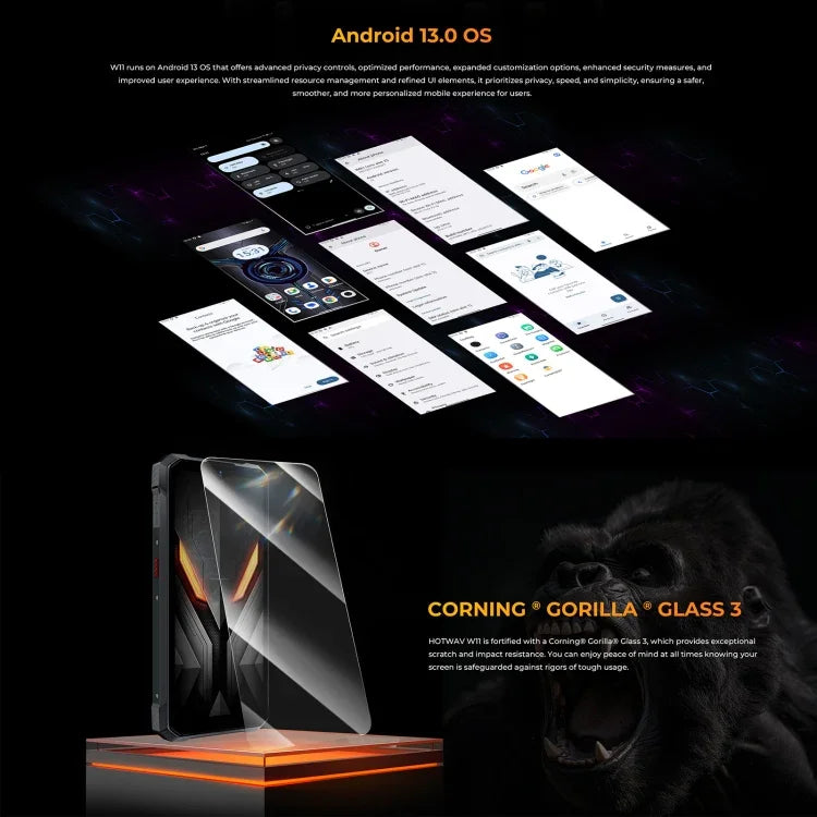 HOTWAV W11 頑丈スマホ、ナイトビジョン、20800mAh、6.6インチ Android 13 MT8788 オクタコア、ネットワーク：4G、OTG、通話録音、6GB+256GB