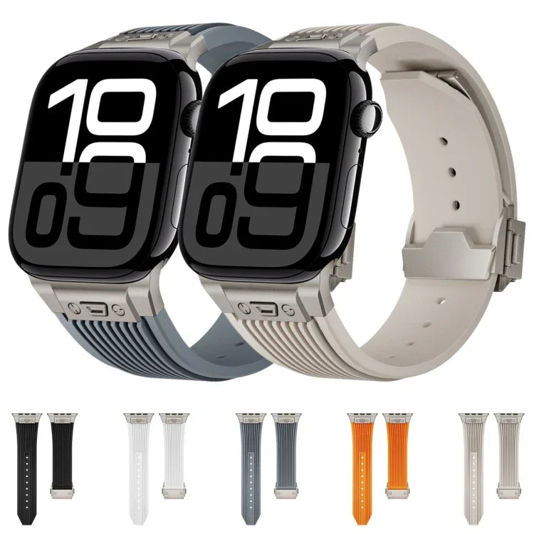 縦型テクスチャーチタンバックル伸縮シリコンウォッチバンド、Apple Watch SE 44mm用、Apple Watch Series 6 44mm用、Apple Watch Series 5 44mm用、Apple Watch Series 4 44mm用、Apple Watch Series 3 42mm用、Apple Watch Series 2 42mm用