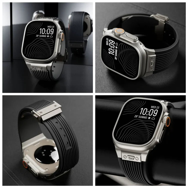 縦型テクスチャーチタンバックル伸縮シリコンウォッチバンド、Apple Watch SE 44mm用、Apple Watch Series 6 44mm用、Apple Watch Series 5 44mm用、Apple Watch Series 4 44mm用、Apple Watch Series 3 42mm用、Apple Watch Series 2 42mm用