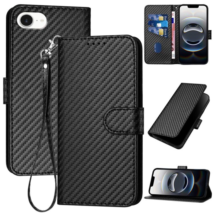 YX0070カーボンファイバーバックルレザーフォンケースストラップ付き、iPhone 17e / 16e用、iPhone 17 Pro Max用、iPhone 17 Pro用、iPhone 17用、iPhone Air用、iPhone 16 Pro Max用
