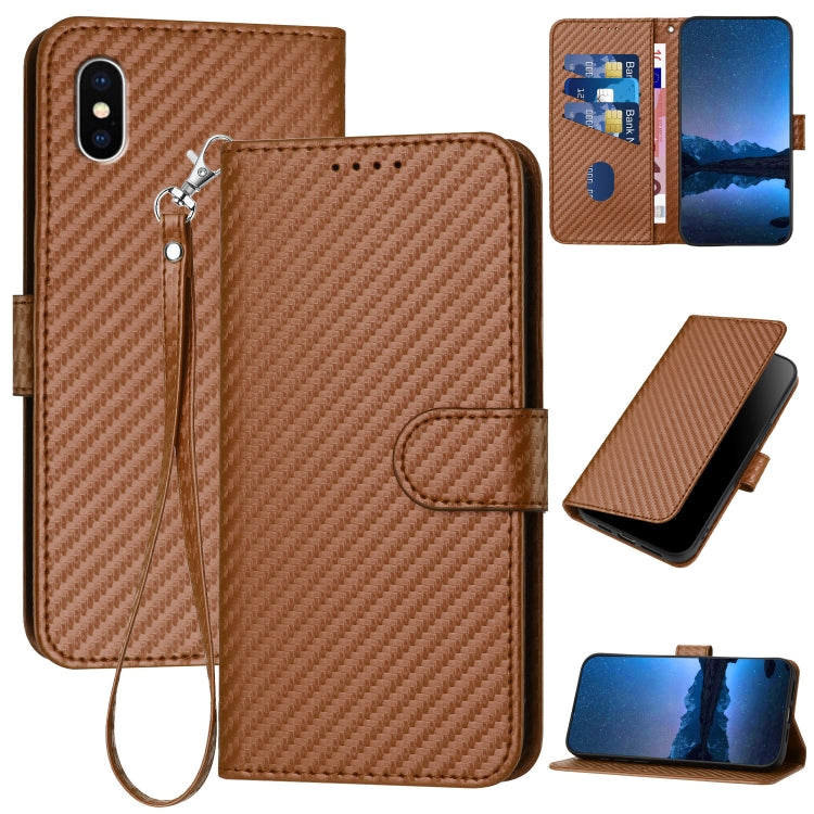 YX0070 カーボンファイバーバックルレザー携帯ケース ストラップ付き、iPhone 12 mini用、iPhone 11 Pro Max用、iPhone 11用、iPhone 11 Pro用、iPhone X / XS用、iPhone XR用