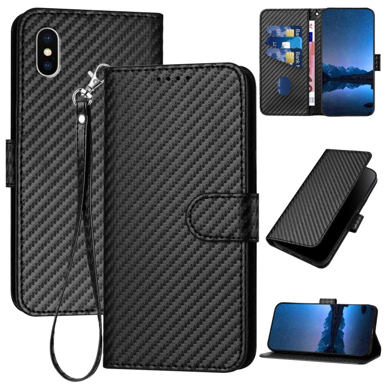 YX0070 カーボンファイバーバックルレザー携帯ケース ストラップ付き、iPhone 12 mini用、iPhone 11 Pro Max用、iPhone 11用、iPhone 11 Pro用、iPhone X / XS用、iPhone XR用