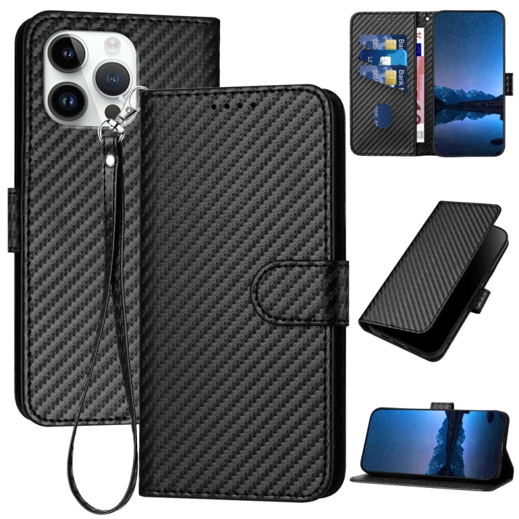 YX0070カーボンファイバーバックルレザーフォンケースストラップ付き、iPhone 17e / 16e用、iPhone 17 Pro Max用、iPhone 17 Pro用、iPhone 17用、iPhone Air用、iPhone 16 Pro Max用