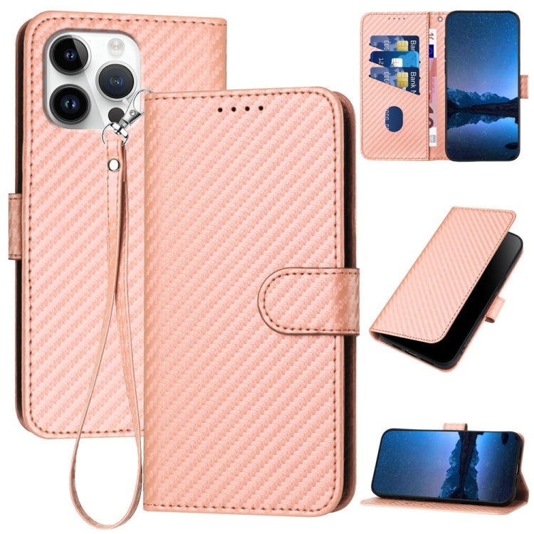 YX0070カーボンファイバーバックルレザーフォンケースストラップ付き、iPhone 17e / 16e用、iPhone 17 Pro Max用、iPhone 17 Pro用、iPhone 17用、iPhone Air用、iPhone 16 Pro Max用