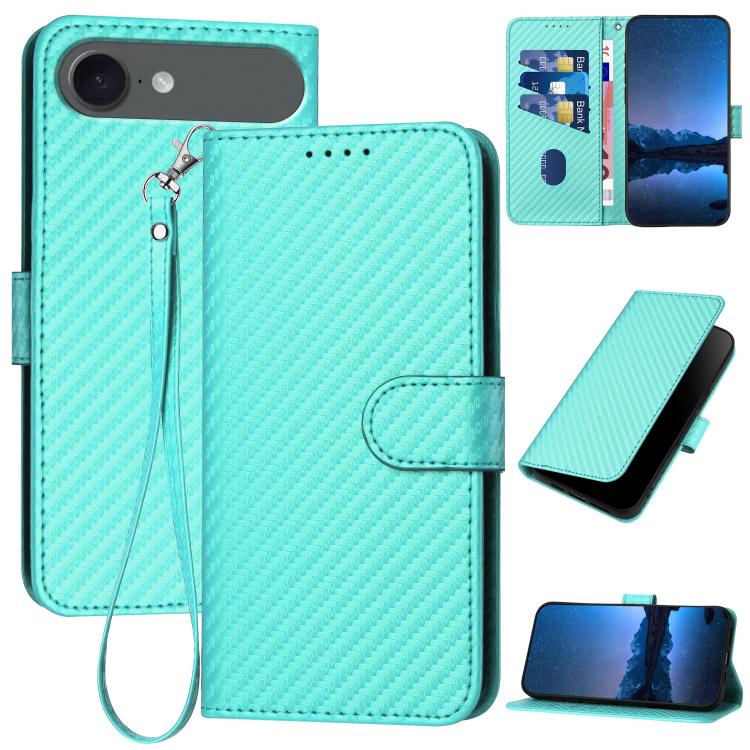 YX0070カーボンファイバーバックルレザーフォンケースストラップ付き、iPhone 17e / 16e用、iPhone 17 Pro Max用、iPhone 17 Pro用、iPhone 17用、iPhone Air用、iPhone 16 Pro Max用