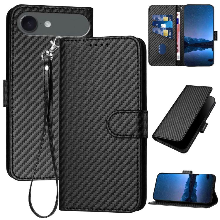 YX0070カーボンファイバーバックルレザーフォンケースストラップ付き、iPhone 17e / 16e用、iPhone 17 Pro Max用、iPhone 17 Pro用、iPhone 17用、iPhone Air用、iPhone 16 Pro Max用