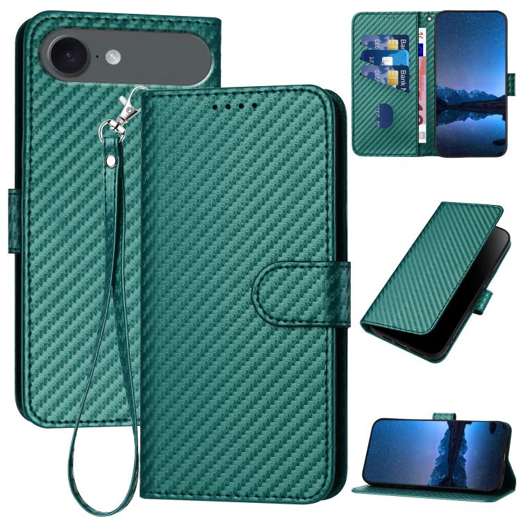 YX0070カーボンファイバーバックルレザーフォンケースストラップ付き、iPhone 17e / 16e用、iPhone 17 Pro Max用、iPhone 17 Pro用、iPhone 17用、iPhone Air用、iPhone 16 Pro Max用