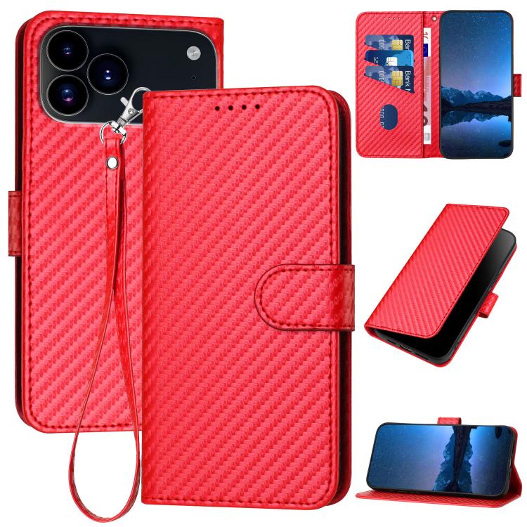 YX0070カーボンファイバーバックルレザーフォンケースストラップ付き、iPhone 17e / 16e用、iPhone 17 Pro Max用、iPhone 17 Pro用、iPhone 17用、iPhone Air用、iPhone 16 Pro Max用