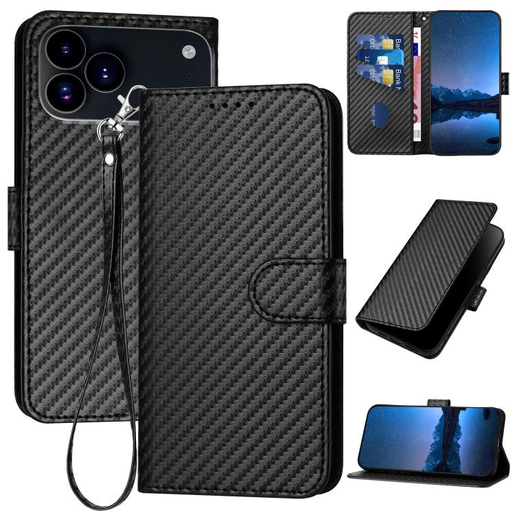 YX0070カーボンファイバーバックルレザーフォンケースストラップ付き、iPhone 17e / 16e用、iPhone 17 Pro Max用、iPhone 17 Pro用、iPhone 17用、iPhone Air用、iPhone 16 Pro Max用