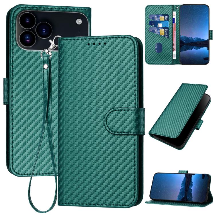 YX0070カーボンファイバーバックルレザーフォンケースストラップ付き、iPhone 17e / 16e用、iPhone 17 Pro Max用、iPhone 17 Pro用、iPhone 17用、iPhone Air用、iPhone 16 Pro Max用