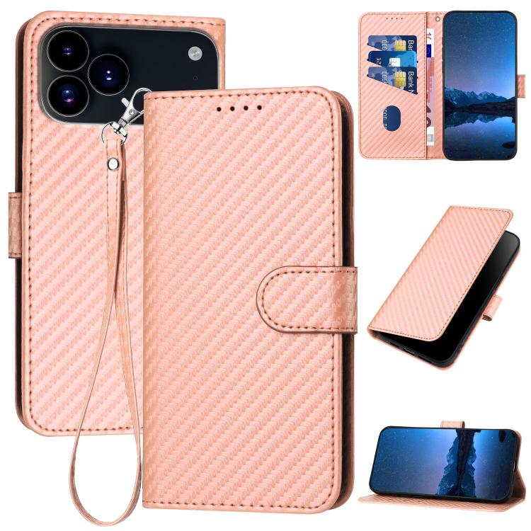 YX0070カーボンファイバーバックルレザーフォンケースストラップ付き、iPhone 17e / 16e用、iPhone 17 Pro Max用、iPhone 17 Pro用、iPhone 17用、iPhone Air用、iPhone 16 Pro Max用