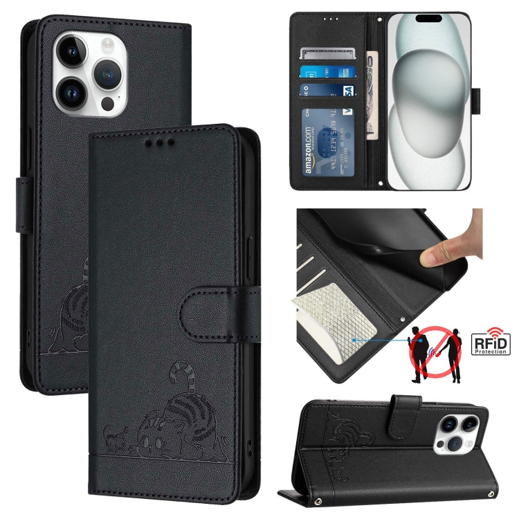 キャットラットエンボスパターンRFIDレザーフォンケースストラップ付き、iPhone 17 Pro Max用、iPhone 17 Pro用、iPhone 17用、iPhone Air用、iPhone SE 2024用、iPhone 15 Pro Max用、iPhone 15 Pro用、iPhone 15 Plus用