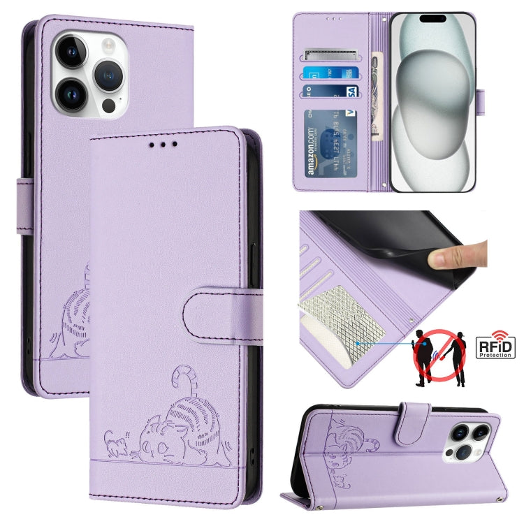 キャットラットエンボスパターンRFIDレザーフォンケースストラップ付き、iPhone 17 Pro Max用、iPhone 17 Pro用、iPhone 17用、iPhone Air用、iPhone SE 2024用、iPhone 15 Pro Max用、iPhone 15 Pro用、iPhone 15 Plus用