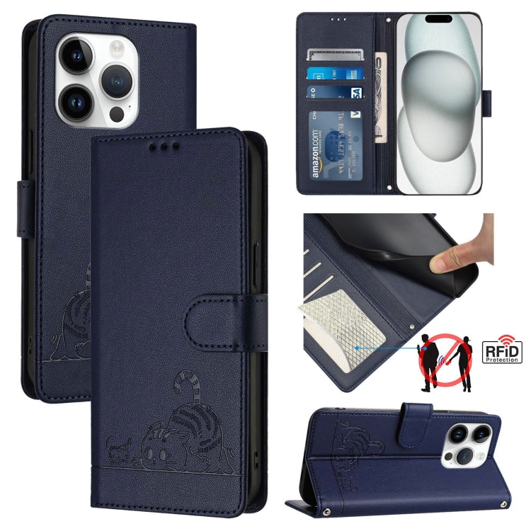 キャットラットエンボスパターンRFIDレザーフォンケースストラップ付き、iPhone 17 Pro Max用、iPhone 17 Pro用、iPhone 17用、iPhone Air用、iPhone SE 2024用、iPhone 15 Pro Max用、iPhone 15 Pro用、iPhone 15 Plus用