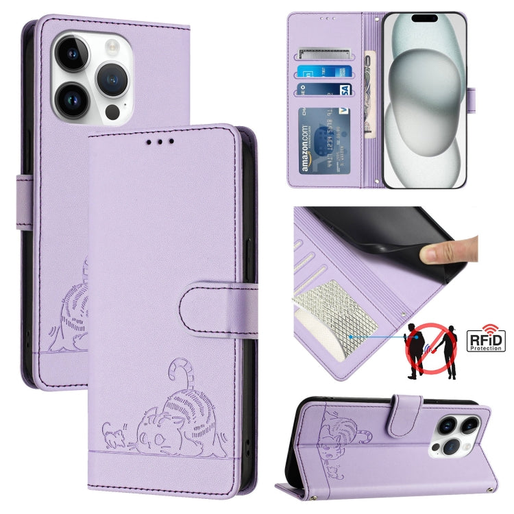 キャットラットエンボスパターンRFIDレザーフォンケースストラップ付き、iPhone 17 Pro Max用、iPhone 17 Pro用、iPhone 17用、iPhone Air用、iPhone SE 2024用、iPhone 15 Pro Max用、iPhone 15 Pro用、iPhone 15 Plus用