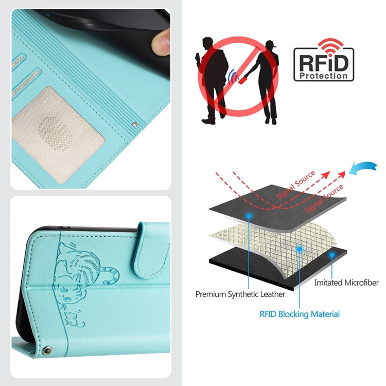 猫とネズミの型押しパターン RFID レザー製スマホケース ストラップ付き、iPhone 13 mini用、iPhone 12/12 Pro用、iPhone 12 Pro Max用、iPhone 12 mini用、iPhone 11 Pro Max用、iPhone 11用、iPhone 11 Pro用、iPhone XS / X用