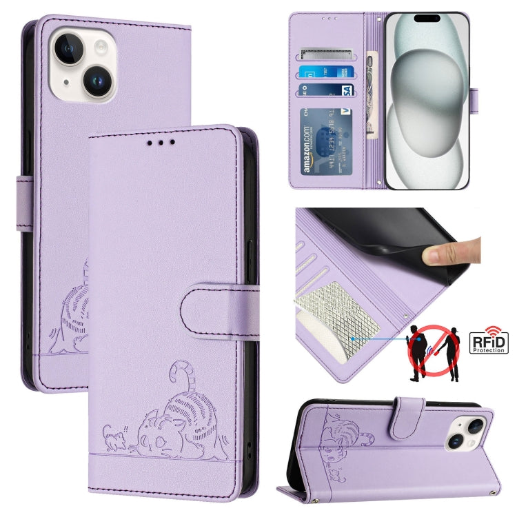 猫とネズミの型押しパターン RFID レザー製スマホケース ストラップ付き、iPhone 13 mini用、iPhone 12/12 Pro用、iPhone 12 Pro Max用、iPhone 12 mini用、iPhone 11 Pro Max用、iPhone 11用、iPhone 11 Pro用、iPhone XS / X用