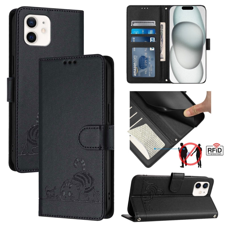 猫とネズミの型押しパターン RFID レザー製スマホケース ストラップ付き、iPhone 13 mini用、iPhone 12/12 Pro用、iPhone 12 Pro Max用、iPhone 12 mini用、iPhone 11 Pro Max用、iPhone 11用、iPhone 11 Pro用、iPhone XS / X用