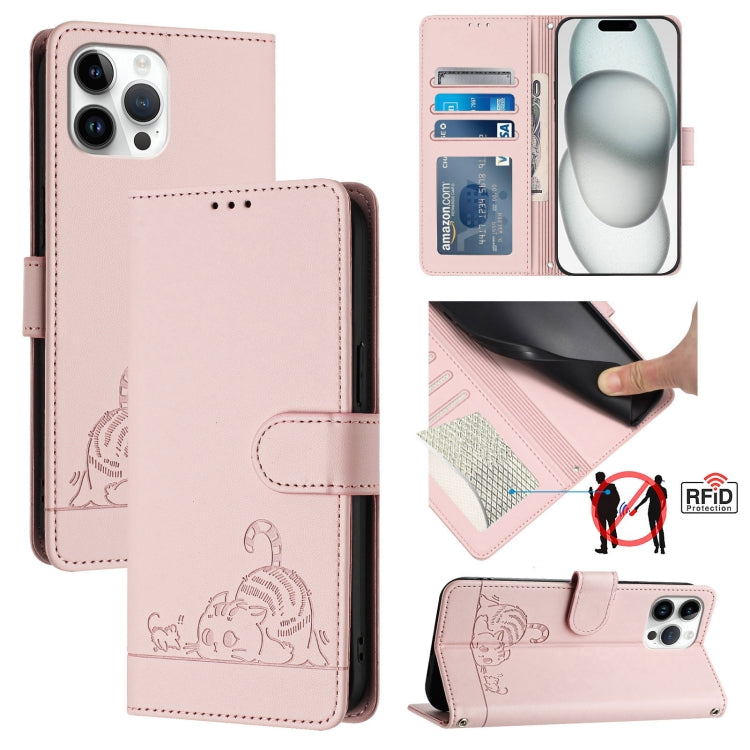 猫とネズミの型押しパターン RFID レザー製スマホケース ストラップ付き、iPhone 13 mini用、iPhone 12/12 Pro用、iPhone 12 Pro Max用、iPhone 12 mini用、iPhone 11 Pro Max用、iPhone 11用、iPhone 11 Pro用、iPhone XS / X用