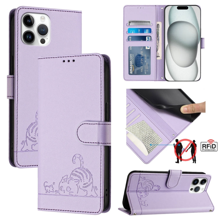 猫とネズミの型押しパターン RFID レザー製スマホケース ストラップ付き、iPhone 13 mini用、iPhone 12/12 Pro用、iPhone 12 Pro Max用、iPhone 12 mini用、iPhone 11 Pro Max用、iPhone 11用、iPhone 11 Pro用、iPhone XS / X用