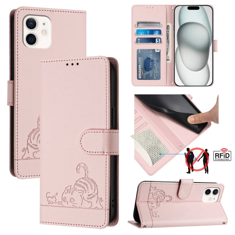 猫とネズミの型押しパターン RFID レザー製スマホケース ストラップ付き、iPhone 13 mini用、iPhone 12/12 Pro用、iPhone 12 Pro Max用、iPhone 12 mini用、iPhone 11 Pro Max用、iPhone 11用、iPhone 11 Pro用、iPhone XS / X用