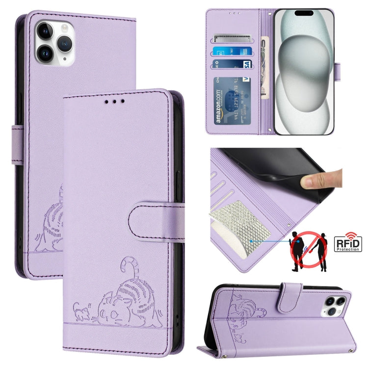 猫とネズミの型押しパターン RFID レザー製スマホケース ストラップ付き、iPhone 13 mini用、iPhone 12/12 Pro用、iPhone 12 Pro Max用、iPhone 12 mini用、iPhone 11 Pro Max用、iPhone 11用、iPhone 11 Pro用、iPhone XS / X用