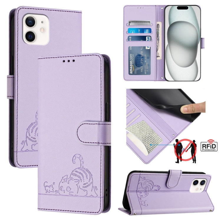 猫とネズミの型押しパターン RFID レザー製スマホケース ストラップ付き、iPhone 13 mini用、iPhone 12/12 Pro用、iPhone 12 Pro Max用、iPhone 12 mini用、iPhone 11 Pro Max用、iPhone 11用、iPhone 11 Pro用、iPhone XS / X用