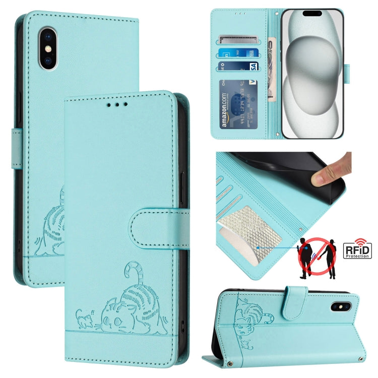 猫とネズミの型押しパターン RFID レザー製スマホケース ストラップ付き、iPhone 13 mini用、iPhone 12/12 Pro用、iPhone 12 Pro Max用、iPhone 12 mini用、iPhone 11 Pro Max用、iPhone 11用、iPhone 11 Pro用、iPhone XS / X用