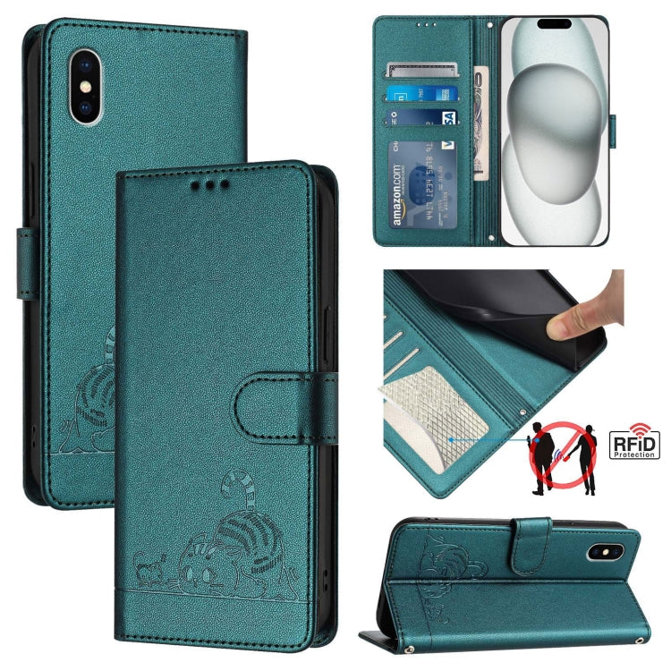 猫とネズミの型押しパターン RFID レザー製スマホケース ストラップ付き、iPhone 13 mini用、iPhone 12/12 Pro用、iPhone 12 Pro Max用、iPhone 12 mini用、iPhone 11 Pro Max用、iPhone 11用、iPhone 11 Pro用、iPhone XS / X用