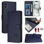 猫とネズミの型押しパターン RFID レザー製スマホケース ストラップ付き、iPhone 13 mini用、iPhone 12/12 Pro用、iPhone 12 Pro Max用、iPhone 12 mini用、iPhone 11 Pro Max用、iPhone 11用、iPhone 11 Pro用、iPhone XS / X用