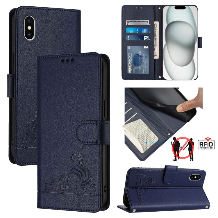 猫とネズミの型押しパターン RFID レザー製スマホケース ストラップ付き、iPhone 13 mini用、iPhone 12/12 Pro用、iPhone 12 Pro Max用、iPhone 12 mini用、iPhone 11 Pro Max用、iPhone 11用、iPhone 11 Pro用、iPhone XS / X用