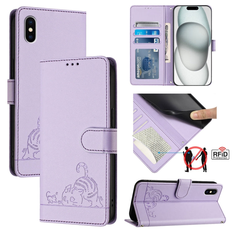 猫とネズミの型押しパターン RFID レザー製スマホケース ストラップ付き、iPhone 13 mini用、iPhone 12/12 Pro用、iPhone 12 Pro Max用、iPhone 12 mini用、iPhone 11 Pro Max用、iPhone 11用、iPhone 11 Pro用、iPhone XS / X用