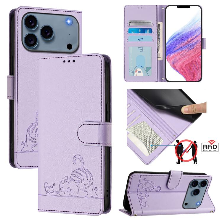 キャットラットエンボスパターンRFIDレザーフォンケースストラップ付き、iPhone 17 Pro Max用、iPhone 17 Pro用、iPhone 17用、iPhone Air用、iPhone SE 2024用、iPhone 15 Pro Max用、iPhone 15 Pro用、iPhone 15 Plus用