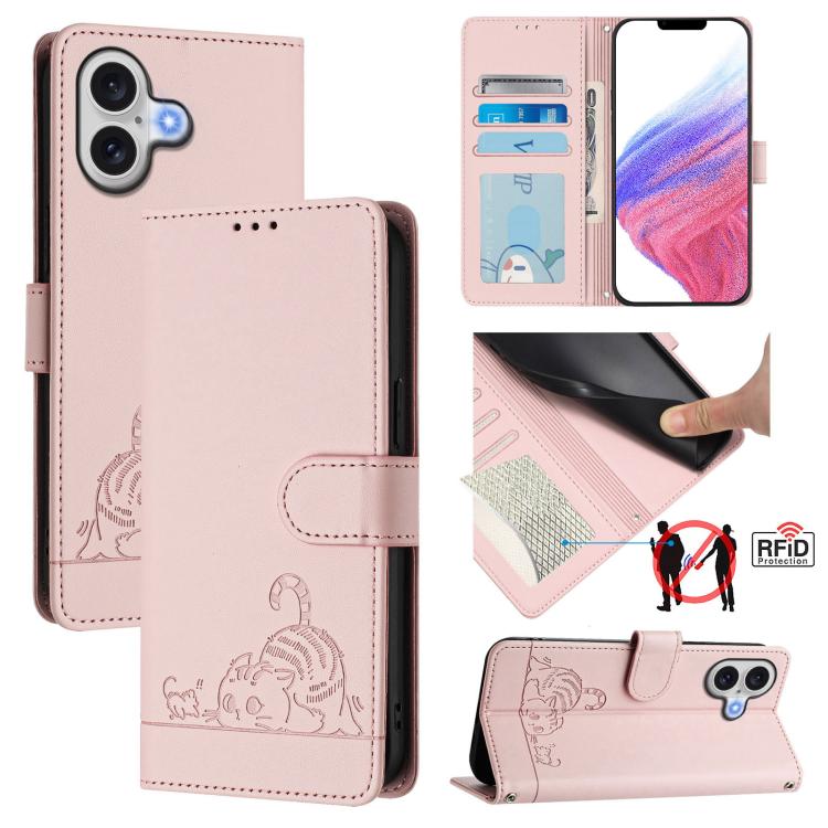 キャットラットエンボスパターンRFIDレザーフォンケースストラップ付き、iPhone 17 Pro Max用、iPhone 17 Pro用、iPhone 17用、iPhone Air用、iPhone SE 2024用、iPhone 15 Pro Max用、iPhone 15 Pro用、iPhone 15 Plus用
