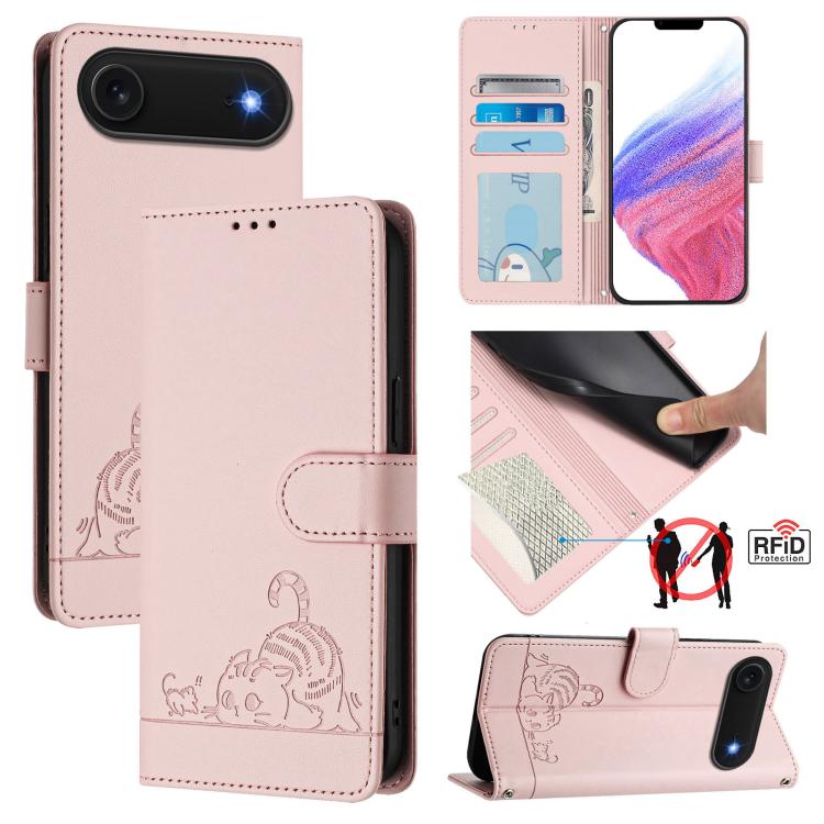 キャットラットエンボスパターンRFIDレザーフォンケースストラップ付き、iPhone 17 Pro Max用、iPhone 17 Pro用、iPhone 17用、iPhone Air用、iPhone SE 2024用、iPhone 15 Pro Max用、iPhone 15 Pro用、iPhone 15 Plus用
