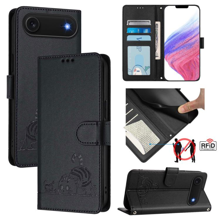 キャットラットエンボスパターンRFIDレザーフォンケースストラップ付き、iPhone 17 Pro Max用、iPhone 17 Pro用、iPhone 17用、iPhone Air用、iPhone SE 2024用、iPhone 15 Pro Max用、iPhone 15 Pro用、iPhone 15 Plus用