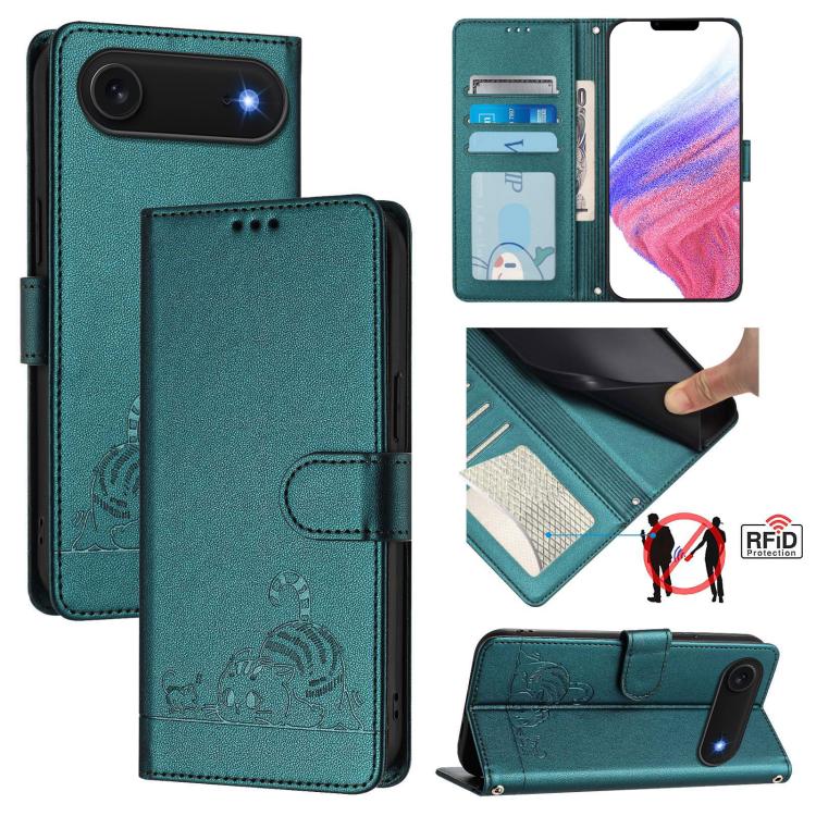 キャットラットエンボスパターンRFIDレザーフォンケースストラップ付き、iPhone 17 Pro Max用、iPhone 17 Pro用、iPhone 17用、iPhone Air用、iPhone SE 2024用、iPhone 15 Pro Max用、iPhone 15 Pro用、iPhone 15 Plus用