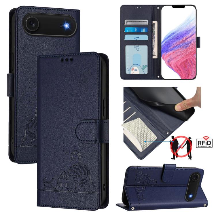 キャットラットエンボスパターンRFIDレザーフォンケースストラップ付き、iPhone 17 Pro Max用、iPhone 17 Pro用、iPhone 17用、iPhone Air用、iPhone SE 2024用、iPhone 15 Pro Max用、iPhone 15 Pro用、iPhone 15 Plus用
