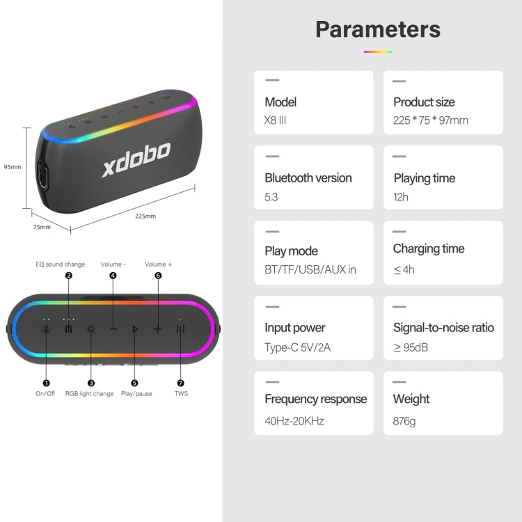 Xdobo X8 III BT5.3 IPX7ワイヤレススピーカーRGBライト付き、Bluetooth/TFカード/USB/AUX対応、X8 III