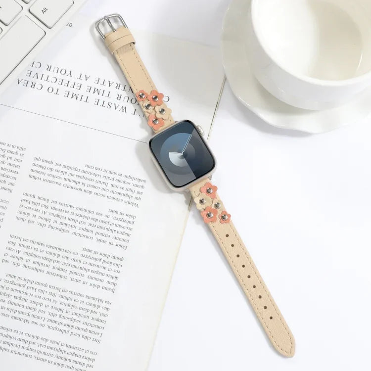 ステッチ入りフラワーレザーウォッチバンド、Apple Watch Series 5 44mm用、Apple Watch Series 5 40mm用、Apple Watch Series 4 44mm用、Apple Watch Series 4 40mm用、Apple Watch Series 3 38mm用、Apple Watch Series 3 42mm用、Apple Watch Series 2 42mm用