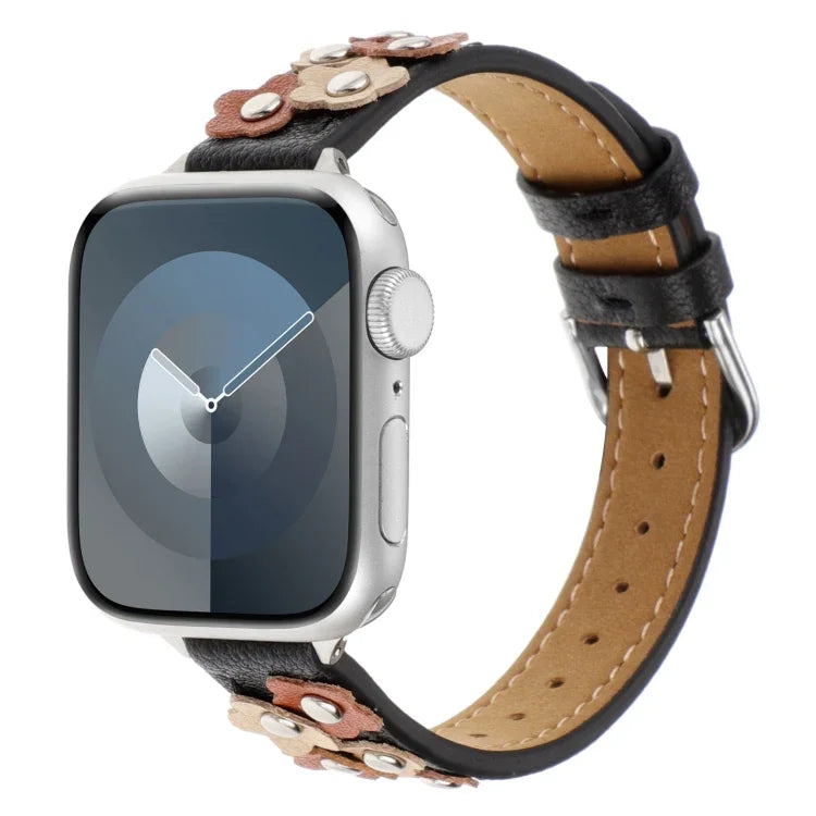 ステッチ入りフラワーレザーウォッチバンド、Apple Watch Series 5 44mm用、Apple Watch Series 5 40mm用、Apple Watch Series 4 44mm用、Apple Watch Series 4 40mm用、Apple Watch Series 3 38mm用、Apple Watch Series 3 42mm用、Apple Watch Series 2 42mm用