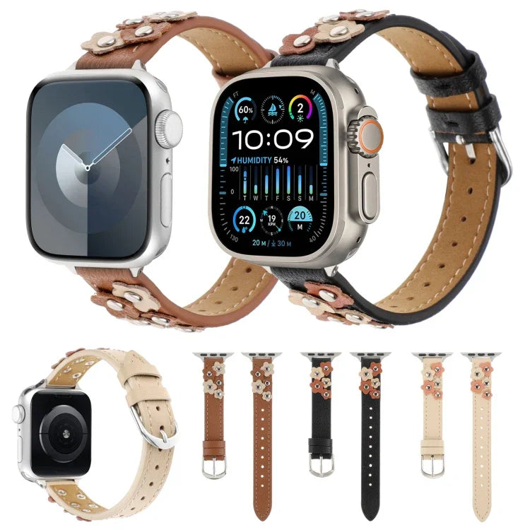 ステッチ入りフラワーレザーウォッチバンド、Apple Watch Series 5 44mm用、Apple Watch Series 5 40mm用、Apple Watch Series 4 44mm用、Apple Watch Series 4 40mm用、Apple Watch Series 3 38mm用、Apple Watch Series 3 42mm用、Apple Watch Series 2 42mm用